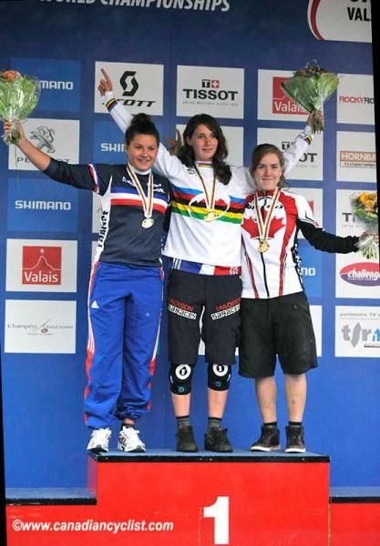 Junior women's downhill world championship podium: Agnes Delest, Manon Carpenter, Lauren Rosser