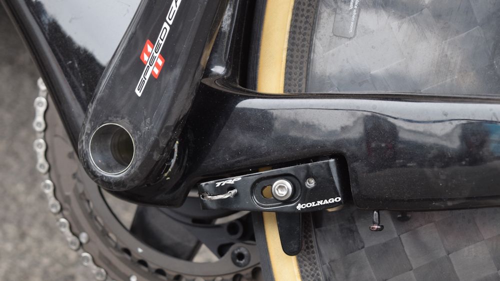 The rear brake is neatly tucked away