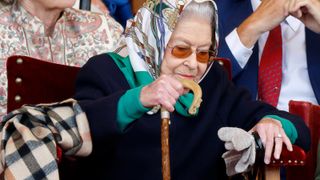 Queen Elizabeth II watches her horse 'Balmoral Leia' win the 'Horse & Hound Mountain & Moorland Supreme In Hand Championship' on day 2 of the Royal Windsor Horse Show at Home Park, Windsor Castle on May 13, 2022 in Windsor, England.