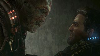 Marcus being pinned to a wall by a Locust Drone during the Gears of War: E-Day trailer.