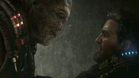 Marcus being pinned to a wall by a Locust Drone during the Gears of War: E-Day trailer. 