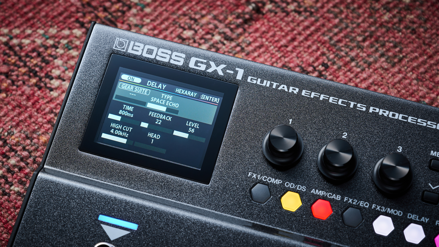 Close up of the screen on the Boss GX-1 multi-effects pedal