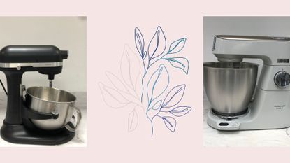 The Kenwood kMix and the KitchenAid stand mixer in our test Kitchen on a pink background with a flower illustration between them