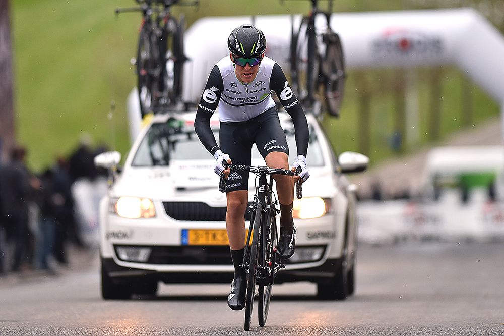 Dimension Data's Cameron Meyer out of the saddle during the Tour de Romandie prologue