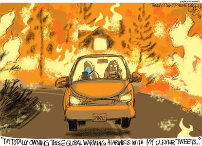 Editorial cartoon U.S. California fires global warming alarmists denial Twitter