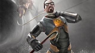 Gordon Freeman being choked by an alien creative in Half-Life 2 concept art.