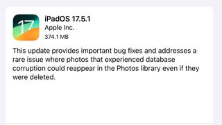 A screenshot of the iPadOS 17.5 patch notes, addressing the photo un-deleting bug