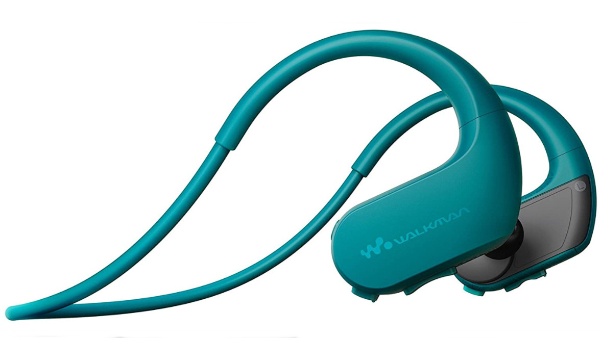 best waterproof headphones Sony NW-WS413 in turquoise against a white background