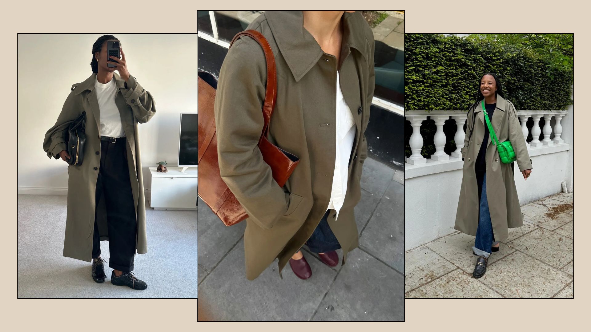 influencers wear khaki trench coat outfits