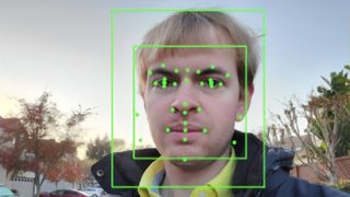 Output of an Artificial Intelligence system from Google Vision, performing Facial Recognition on a photograph of a man, with facial features identified and facial bounding boxes present, San Ramon, California, November 22, 2019. (Photo by Smith Collection/Gado/Getty Images)