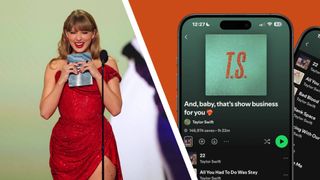 Taylor Swift at the 2025 Grammy Awards next to an image of a new Taylor Swift curated Spotify playlist 