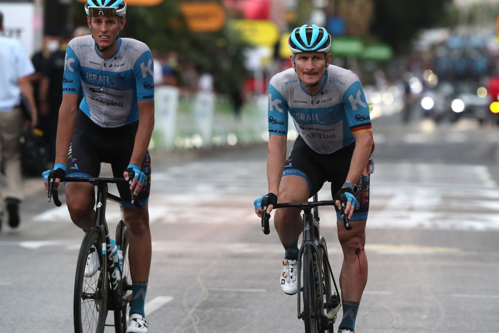 NICE FRANCE AUGUST 29 Arrival Nils Politt of Germany and Team Israel StartUp Nation Andre Greipel of Germany and Team Israel StartUp Nation Crash Injury during the 107th Tour de France 2020 Stage 1 a 156km stage from Nice Moyen Pays to Nice TDF2020 LeTour on August 29 2020 in Nice France Photo by AnneChristine Poujoulat PoolGetty Images