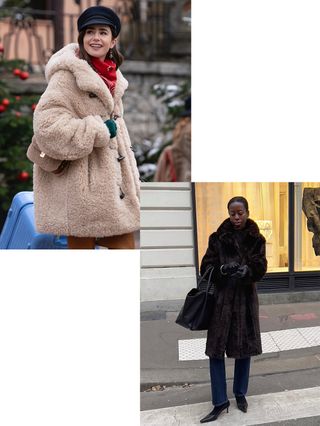 Emily in Paris's Lily Collins wearing a fur coat, red scarf, black hat, and beige crossbody bag and Sylvie Mus wearing a fur coat, blue jeans, black heels, black gloves, and a black bag.