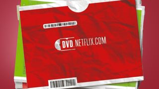 A stack of Netflix DVDs on a red background
