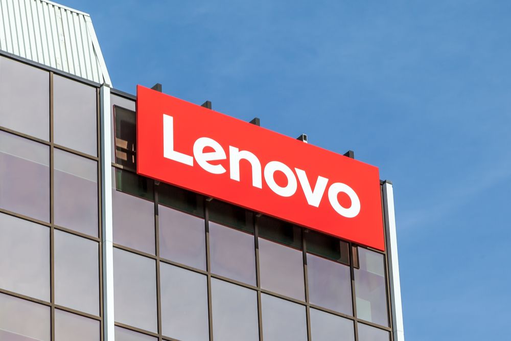 The Lenovo sign in red above its offices 