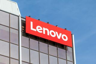 The Lenovo sign in red above its offices 