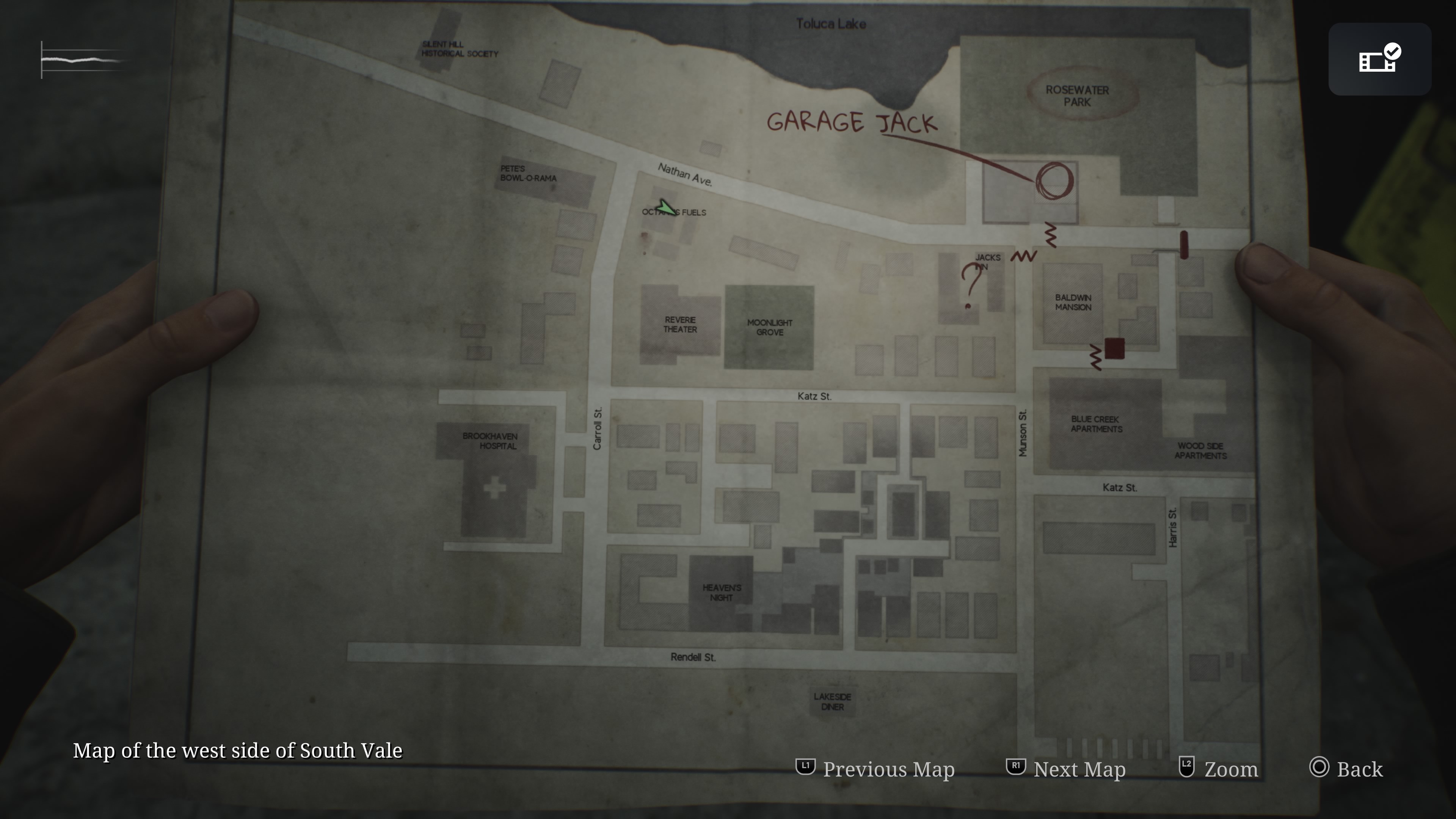 A close up of the map from Silent Hill 2 remake