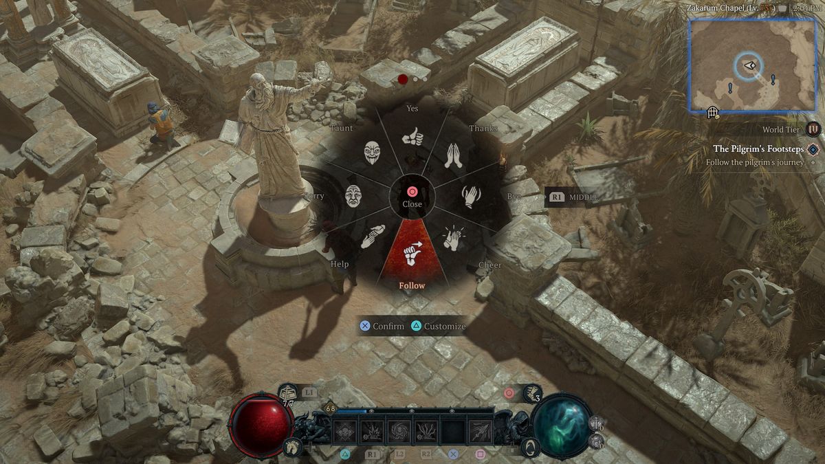 Diablo 4 The Pilgrim's Footsteps - The Follow emote by the statue