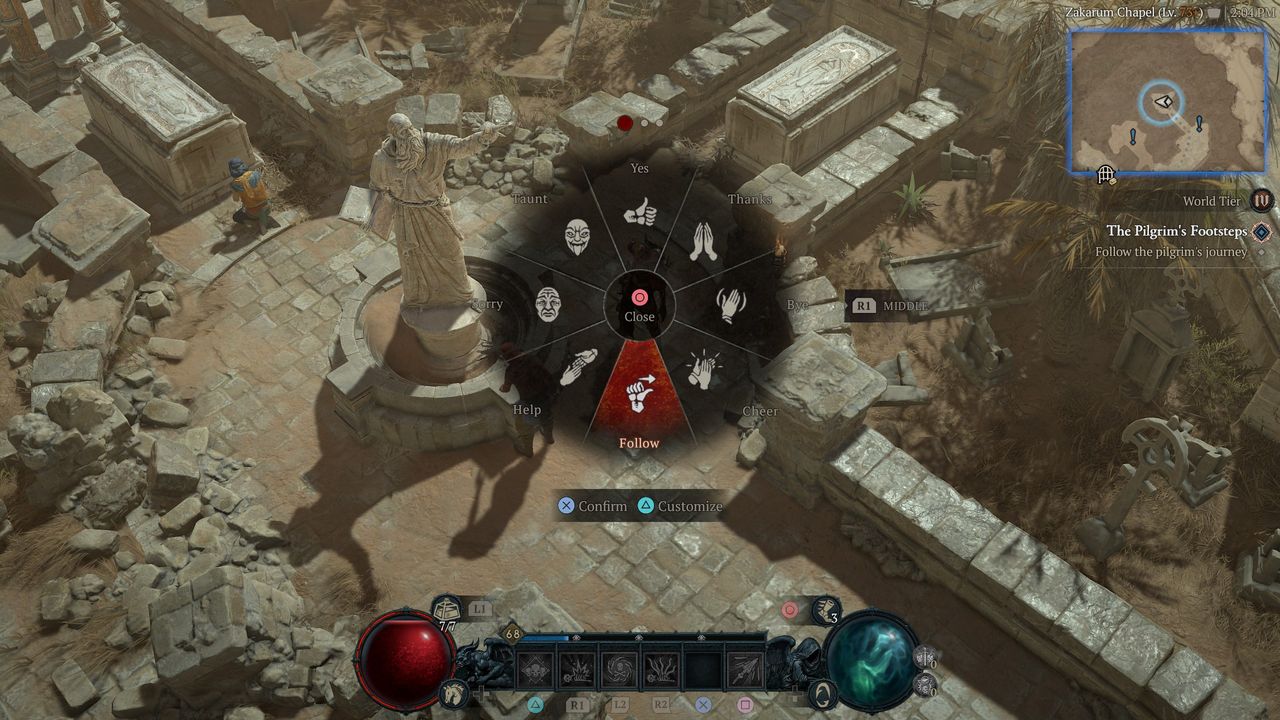 Diablo 4 The Pilgrim's Footsteps - The Follow emote by the statue