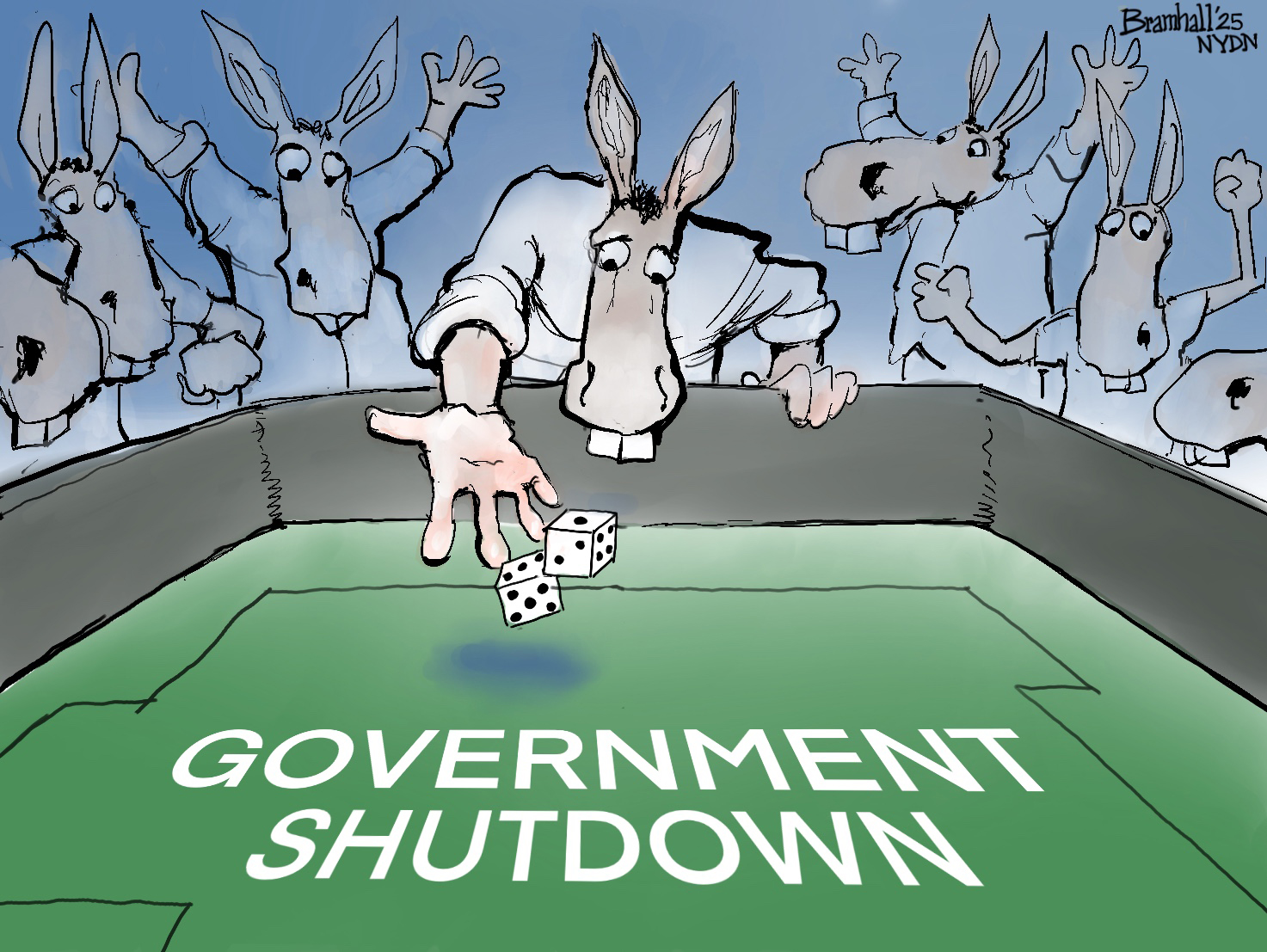 This cartoon depicts a group of donkeys gather around a craps table. One donkey rolls the dice onto the table, which has the words &amp;ldquo;Government Shutdown&amp;rdquo; written on it.