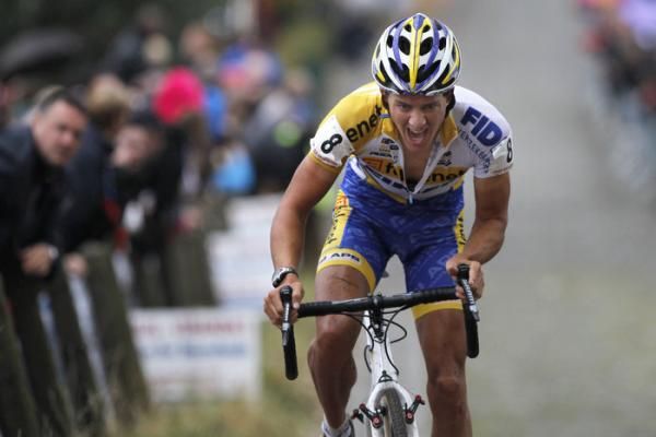 Tom Meeusen (Telenet-Fidea) feels the burn of climbing the cobbled Koppenberg.