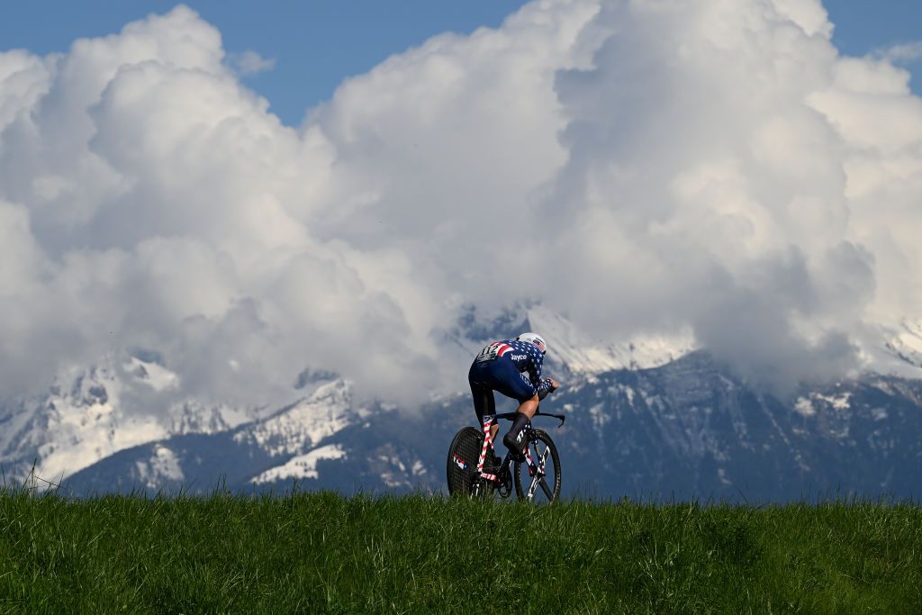 PORTVALAIS SWITZERLAND APRIL 25 Lawson Craddock of The United States and Team JaycoAlUla sprints during the 76th Tour De Romandie 2023 Prologue a 682km stage from PortValais to PortValais UCIWT on April 25 2023 in PortValais Switzerland Photo by Dario BelingheriGetty Images