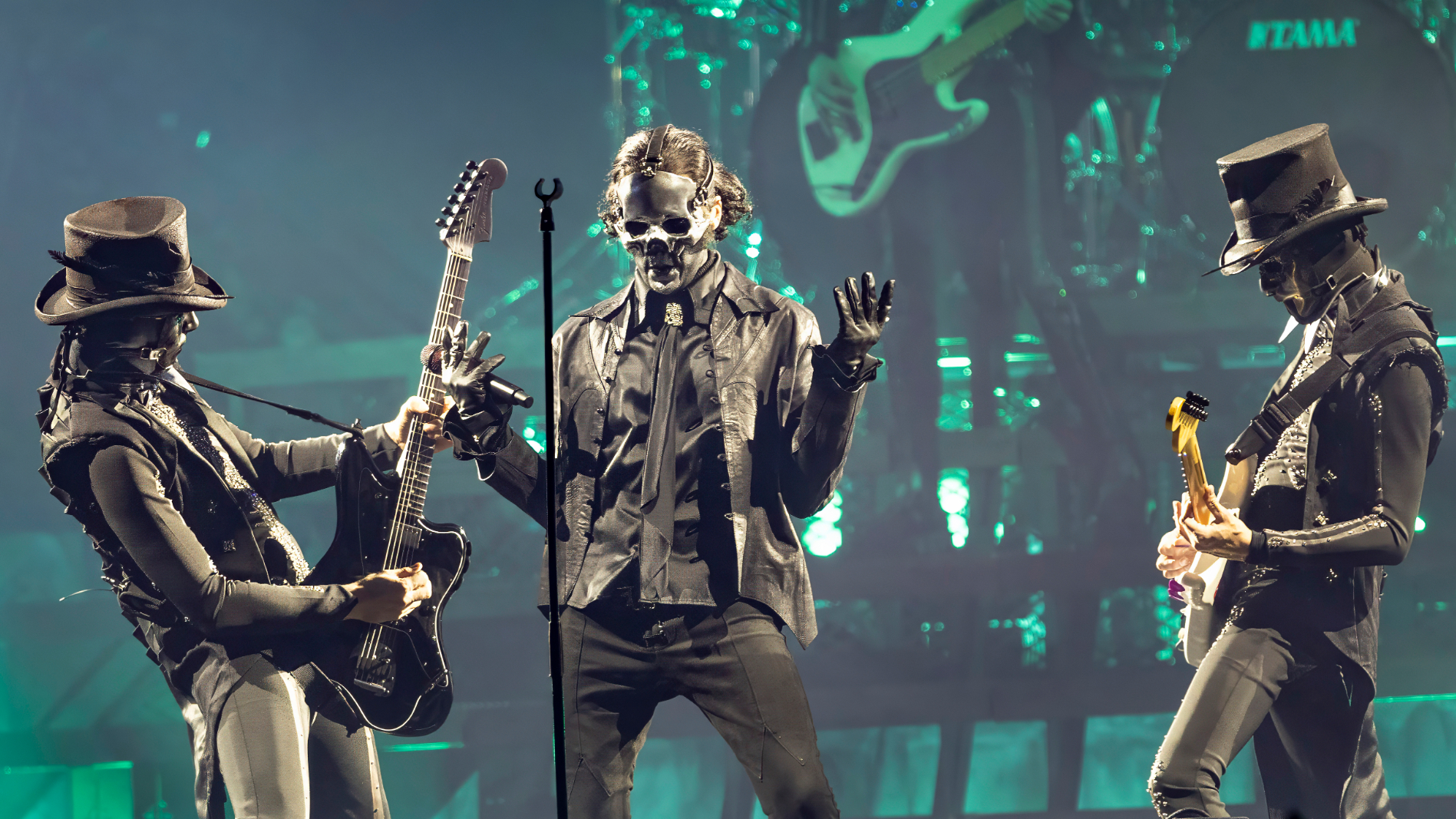 Costumed members and singer Tobias Forge of the Swedish rock band Ghost perform at Uber Arena on May 7, 2025 in Berlin, Germany. The concert is part of the Skeletour World Tour 2025