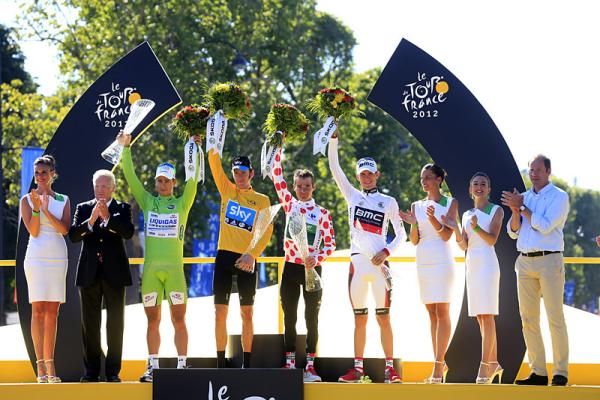 2012 Tour de France jersey winners (l-r): Peter Sagan, Bradley Wiggins, Thomas Voeckler and Tejay van Garderen