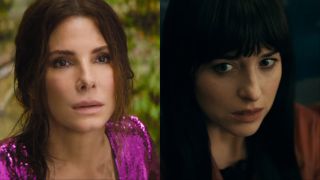 Sandra Bullock in sparkly purple in The Lost City and Dakota Johnson looking to the side in red leather in Madame Web
