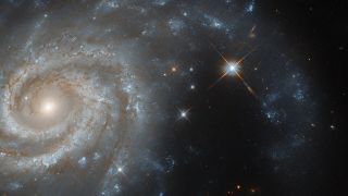 photo of a large spiral galaxy whose arms are full of bright stars