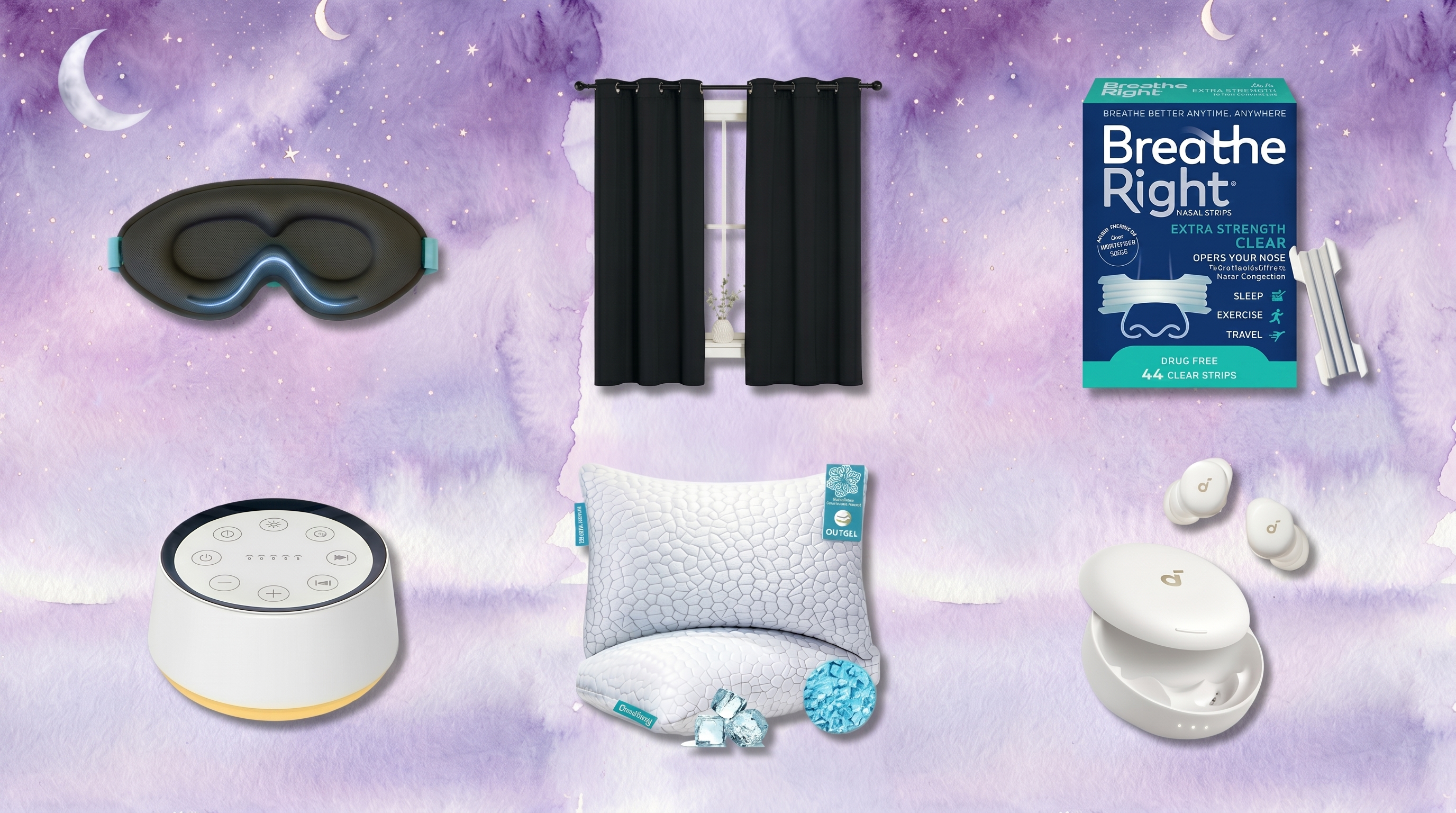 A collage featuring cooling sleep gadgets and mattresses