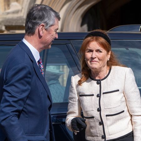 Sarah Ferguson talking to Sir Tim Laurence outside St. George's Chapel