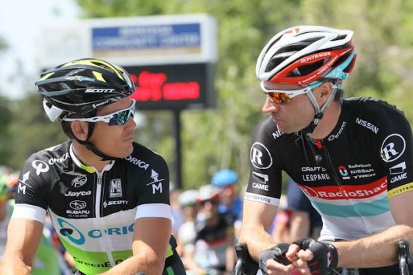 Robbie McEwen (Orica-Greenedge) and the ever-popular Jens Voigt (RadioShack-Nissan) at the start in San Jose.