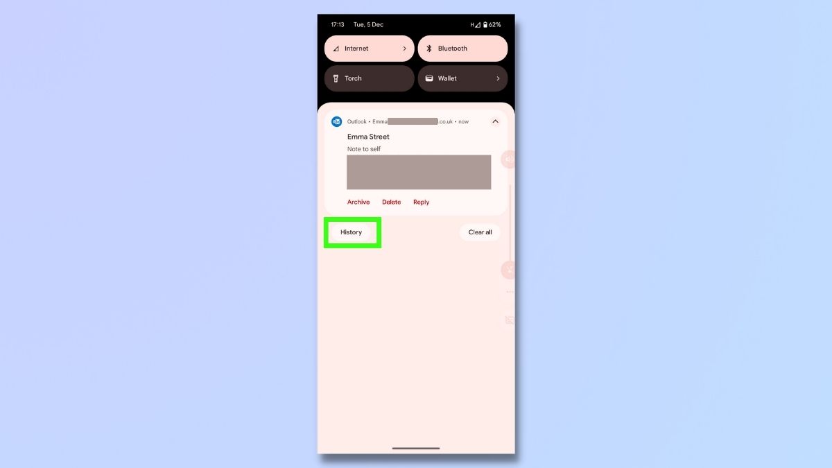 снимок экрана, показывающий, как включить и получить доступ к истории уведомлений на Android – Открыть историю уведомлений 
