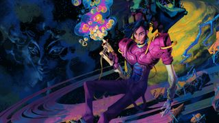 Key art for Ambrosia Sky, showing Dalia spraying her cleaner while resting on a planet's rings.