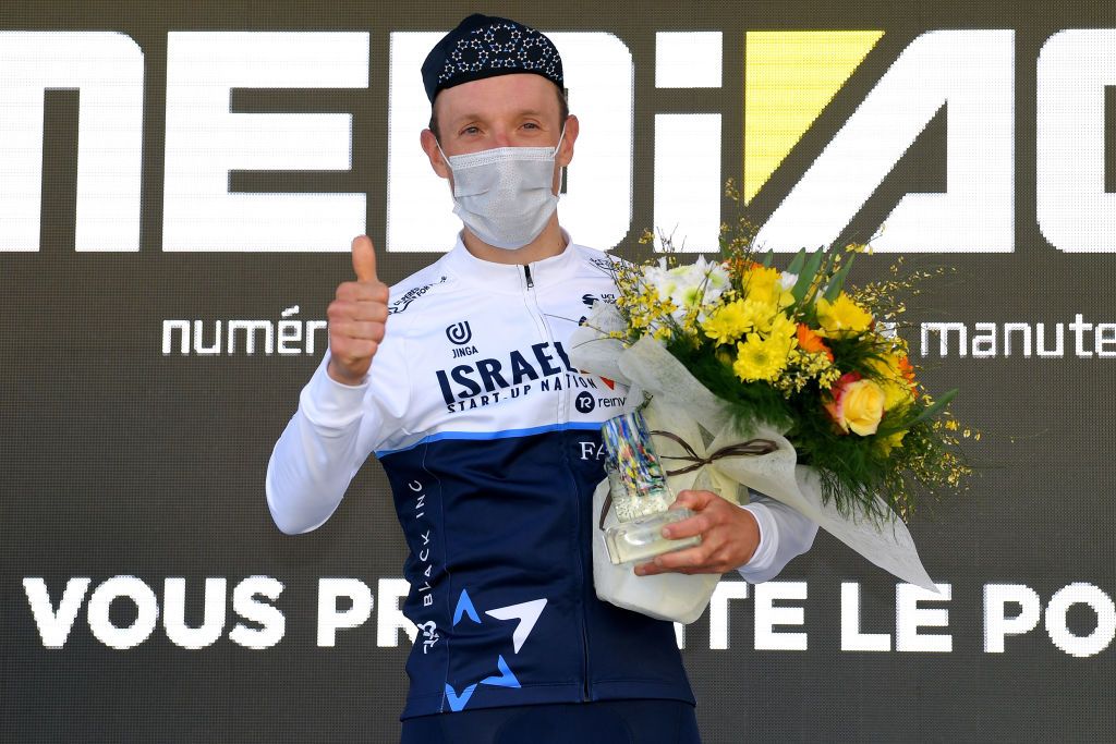 FAYENCE FRANCE FEBRUARY 20 Podium Michael Woods of Canada and Team Israel StartUp Nation celebrate during the 53rd Tour Des Alpes Maritimes Et Du Var Stage 2 a 1689km stage from Fayence to Fayence 357m letour0683 on February 20 2021 in Fayence France Photo by Luc ClaessenGetty Images
