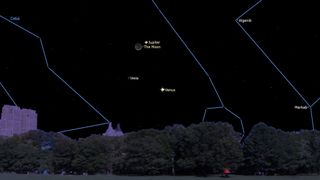 An illustration of the night sky on Feb. 22 showing the conjunction of the moon and Jupiter.