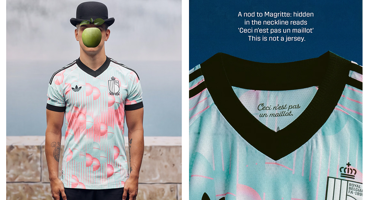 One of the best World Cup kit designs, the Belgium World Cup 2026 away kit worn by a model in a bowler hat with an apple over their face, beside a detail showing text inside the shirt
