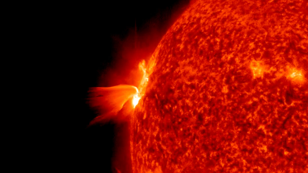 The sun unleashed a major X1.1 class solar flare from an active sunspot cluster on its eastern limb on April 17, 2022 GMT. This view was taken by NASA's Solar Dynamics Observatory.