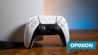 PS5 DualSense controller resting against a PlayStation 5