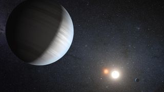 An illustration of Kepler-47, an exoplanet that, like DS Tuc Ab, orbits, two suns.