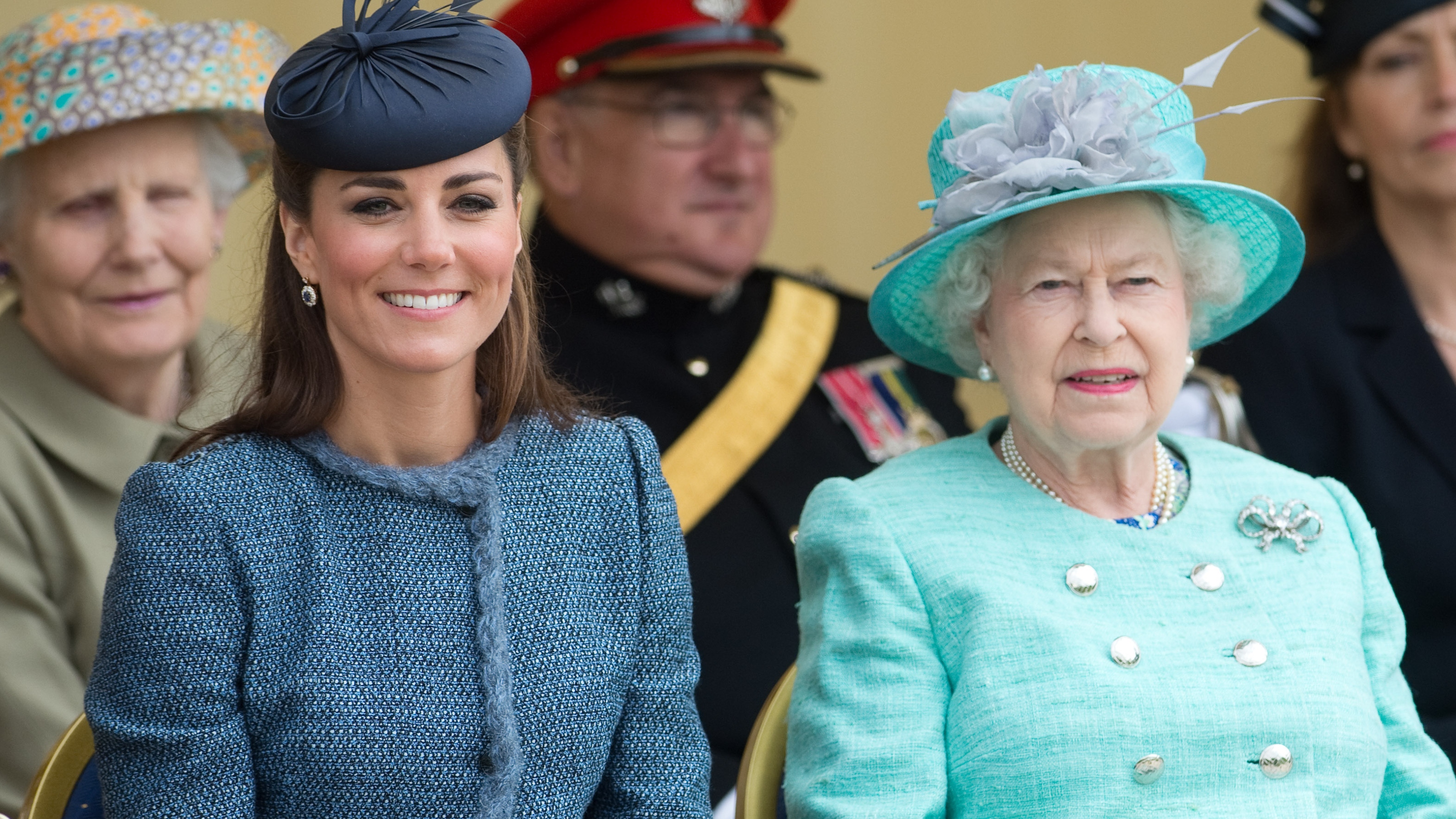Queen Elizabeth II and Catherine, Princess of Wales smile during a Diamond Jubilee visit to Nottingham on June 13, 2012