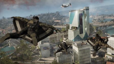 Soldiers use wing suits to fly over a futuristic city