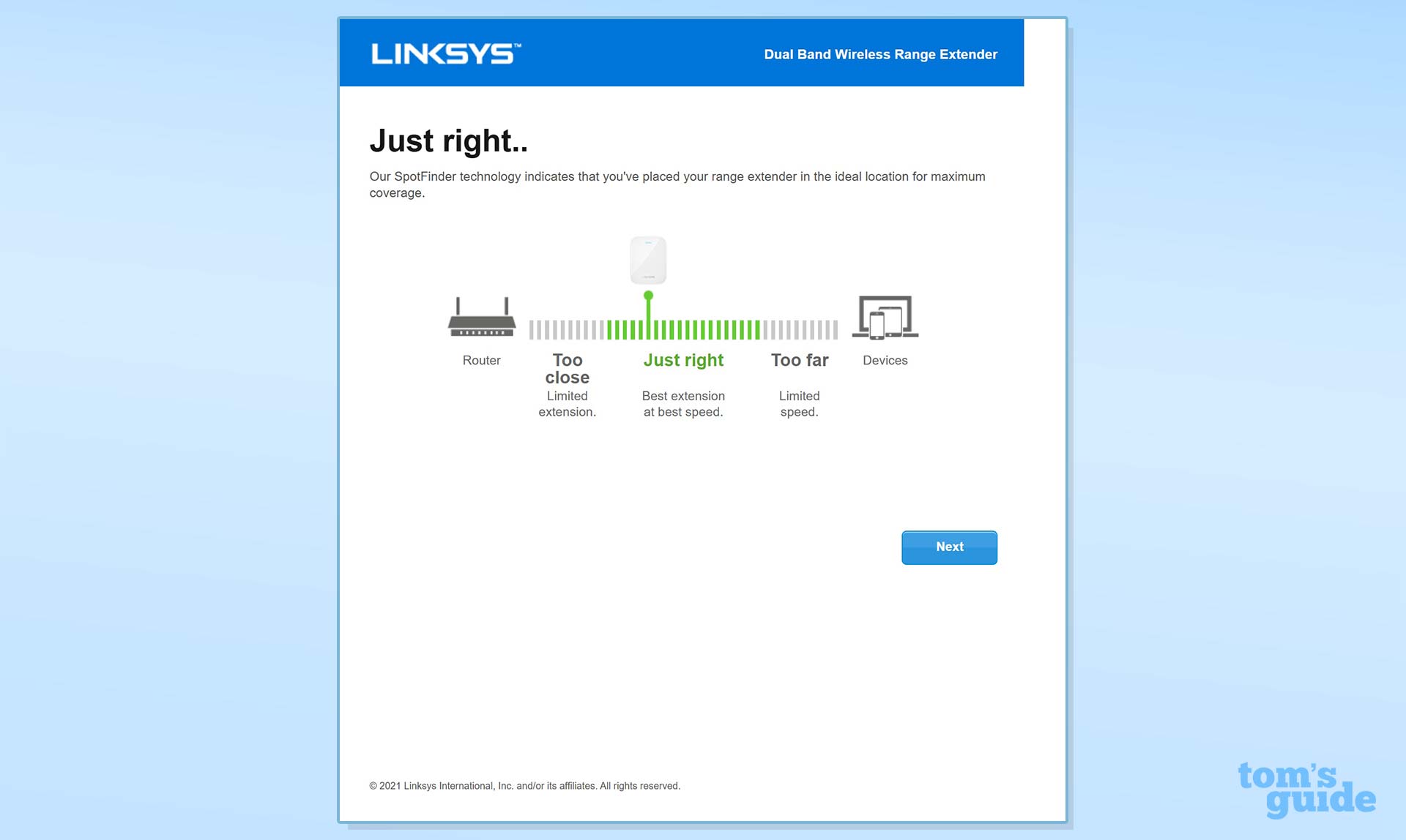 A setup menu screenshot for locating the Linksys RE7350.