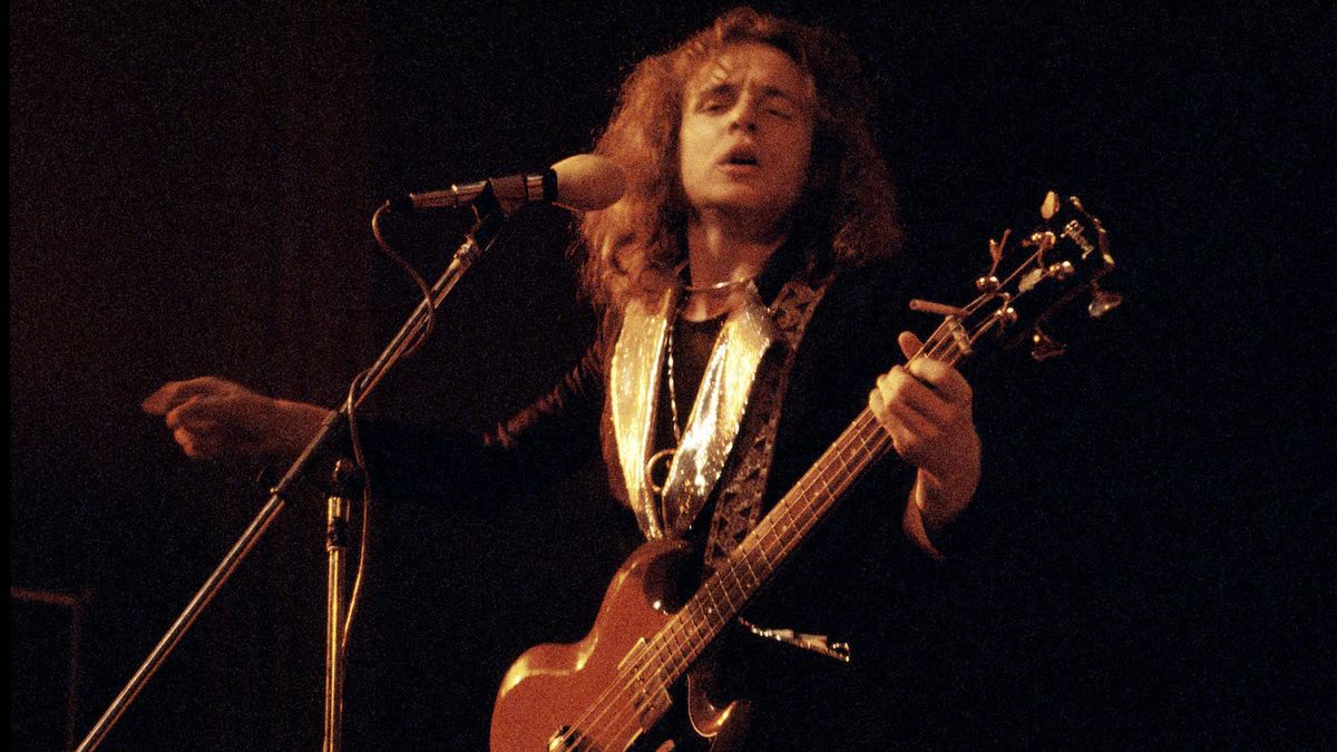 Jack Bruce of West, Bruce &amp; Laing performs on stage in 1973 in Copenhagen, Denmark. He plays a Gibson EB-3 bass guitar