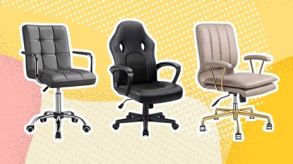 Best Amazon office chairs graphic with 3 of the top chairs cut outs on yellow background