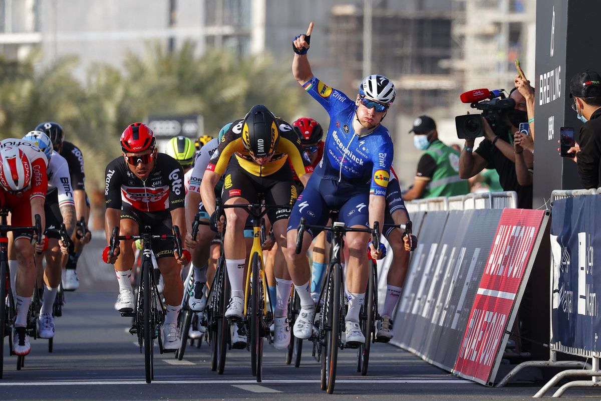 Sam Bennett (Deceuninck-QuickStep) celebrates his first win of 2021