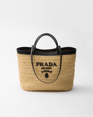 Logo Leather-Trimmed Raffia Basket Bag