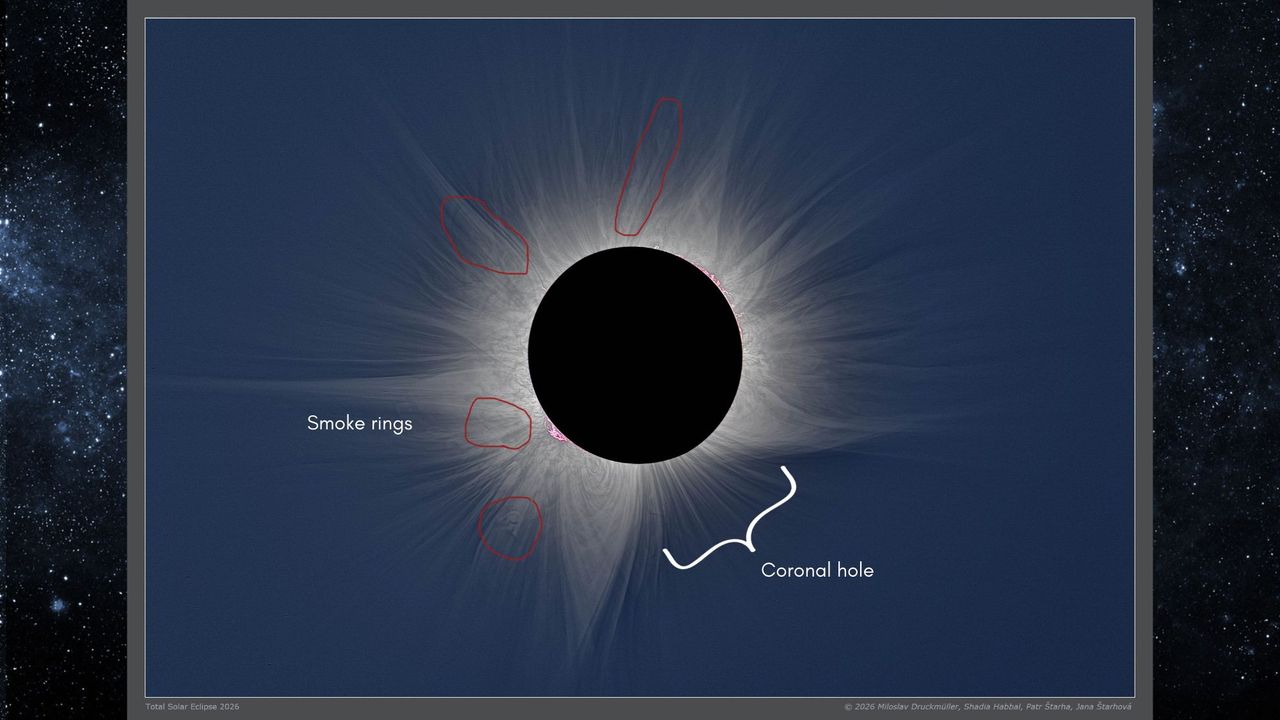 visão de perto de um eclipse solar total mostrando grandes serpentinas brancas saindo do sol, esta é a coroa solar.