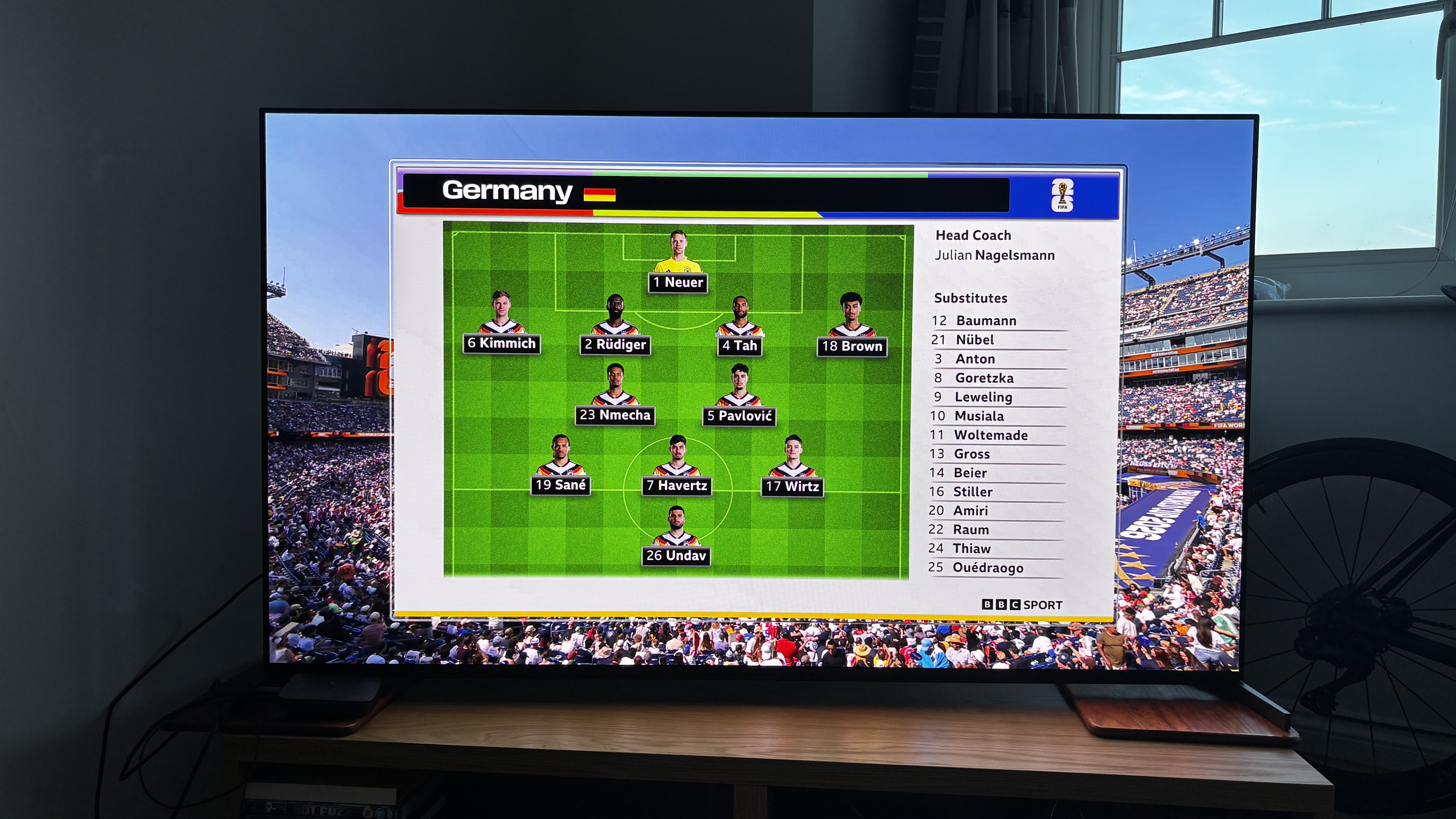 Graphics from BBC's coverage of the World Cup showing the German team line-up on a Sony TV in a living room
